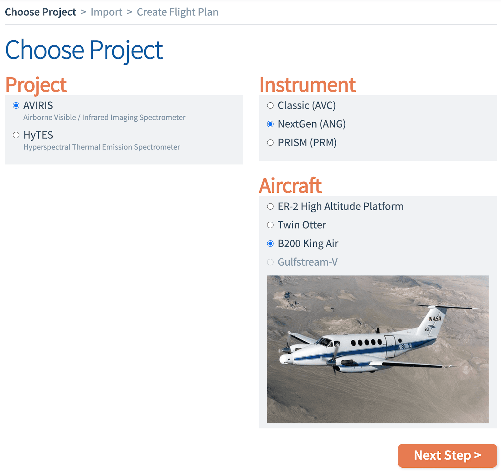 Screenshot of the Choose Project page