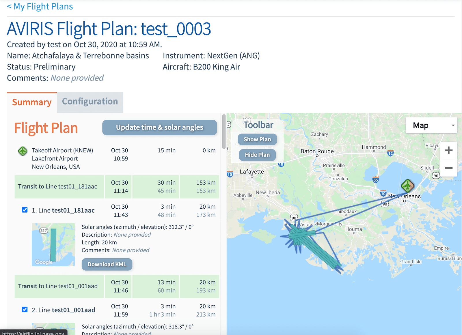 Screenshot of the the Flight Plan Report page